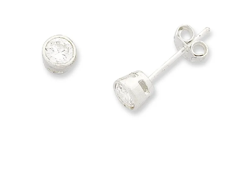 trendy statement earrings for women -Sterling Silver 4mm Bezel Set Round Cubic Zirconia Stud Earrings