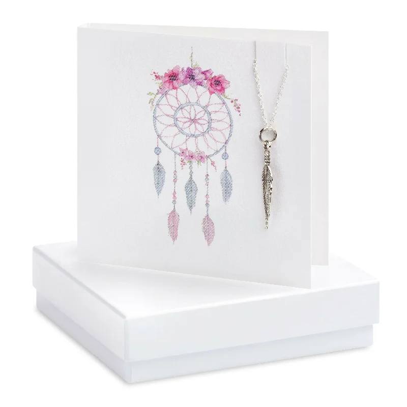 long chain necklaces for women -Sterling Silver Feather Necklace - Hand Finished Gift Set with Box and Dreamcatcher Greeting Card