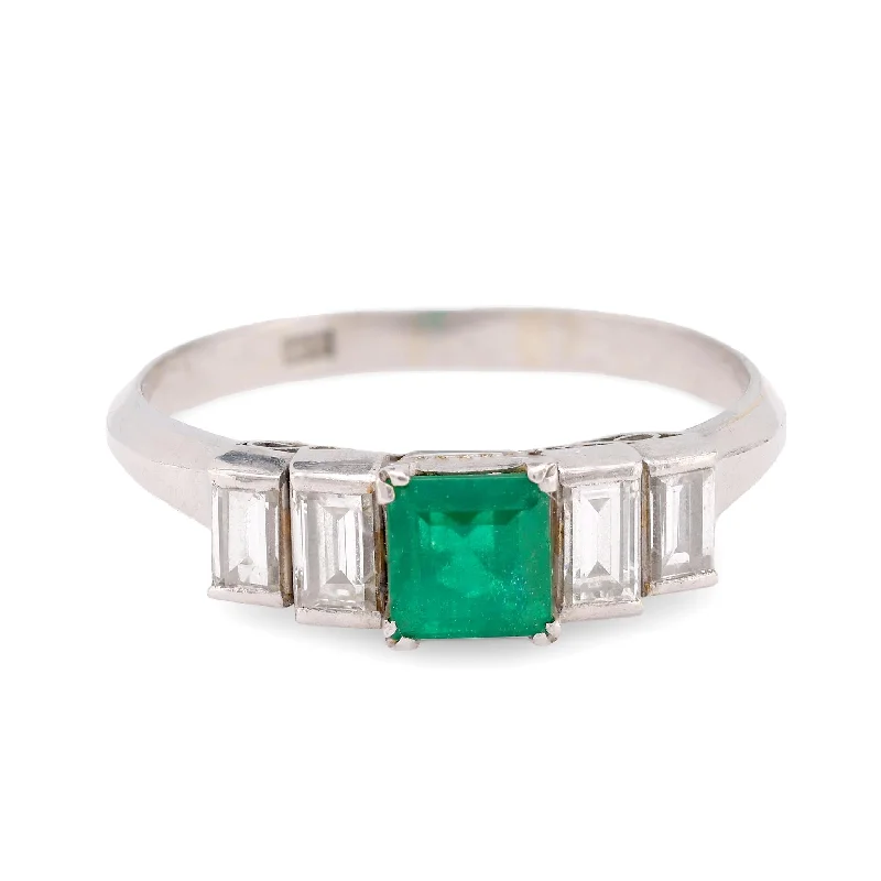 unique engagement rings -Vintage emerald diamond platinum five stone ring