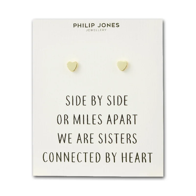 custom hoop earrings for women -Gold Plated Sister Heart Stud Earrings with Quote Card