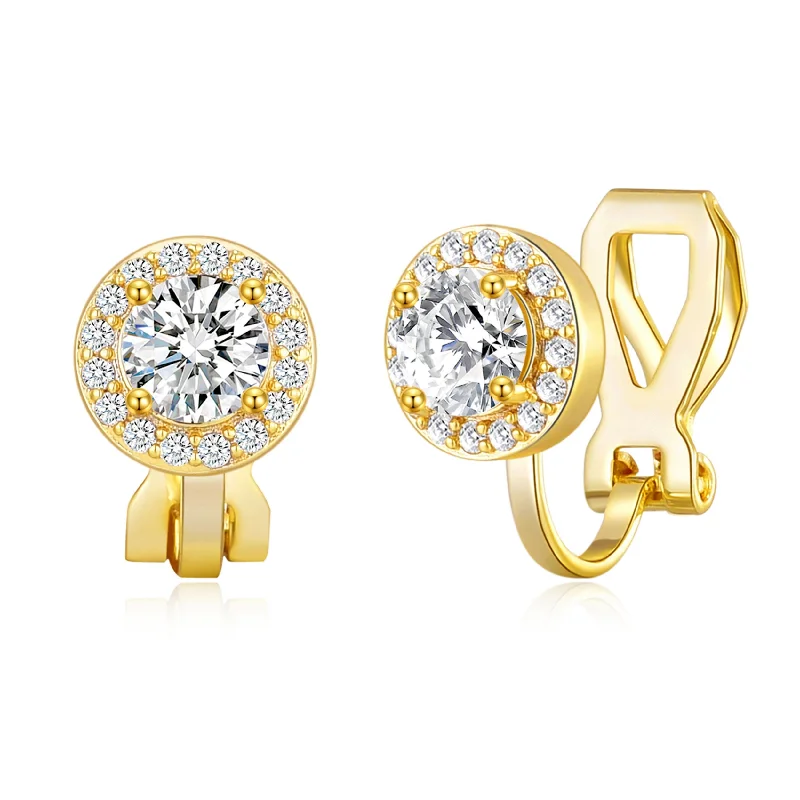 silver stud earrings for women -Gold Plated Round Halo Clip On Earrings Created with Zircondia® Crystals