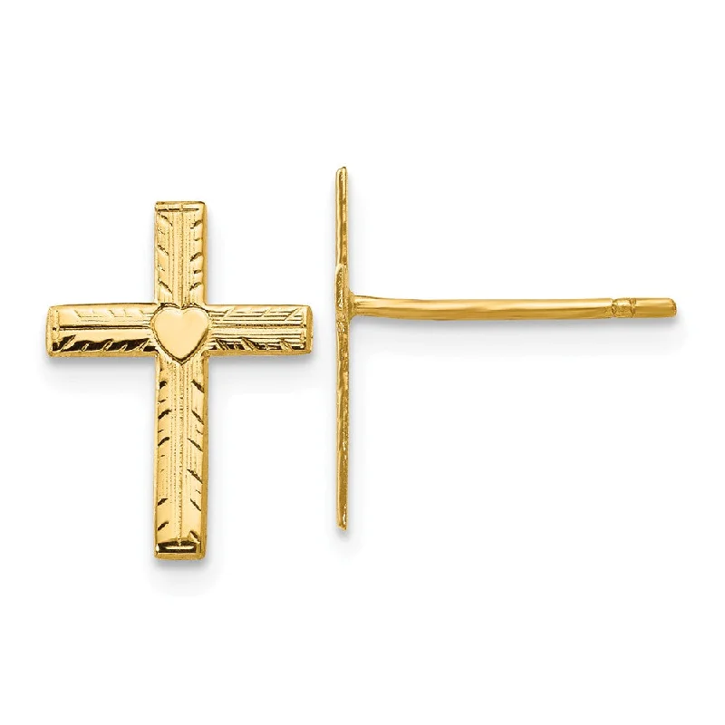 trendy statement earrings for women -13mm Polished and Satin Heart Cross Post Earrings in 14k Yellow Gold