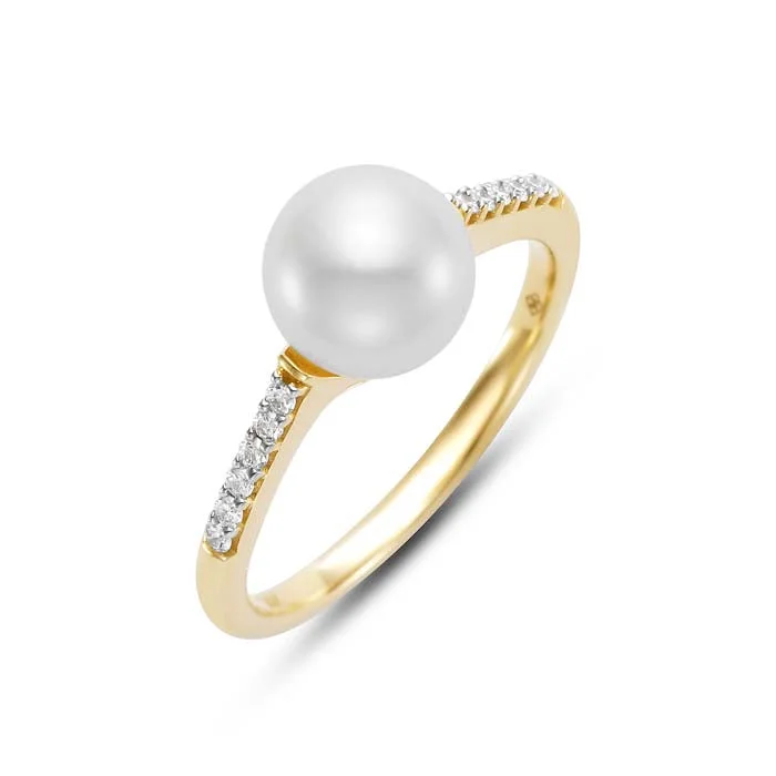 vintage diamond rings -Mastoloni 8-8.5mm Freshwater Cultured Pearl Ring with Diamonds in 14K Yellow Gold