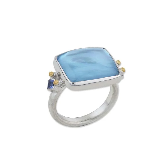 custom name rings -Lika Behar "Kami" Ring with Sky Blue Topaz and Mother of Pearl Doublet and Blue Sapphires in 24K Yellow Gold and Sterling Silver