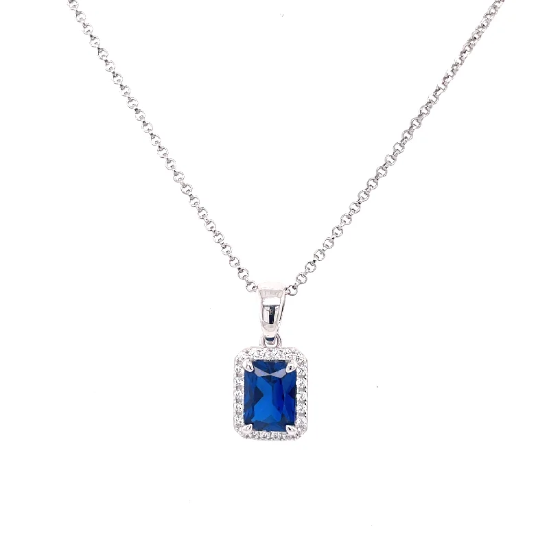 bold necklaces for women -Sterling Silver Emerald Cut Sapphire CZ Necklace