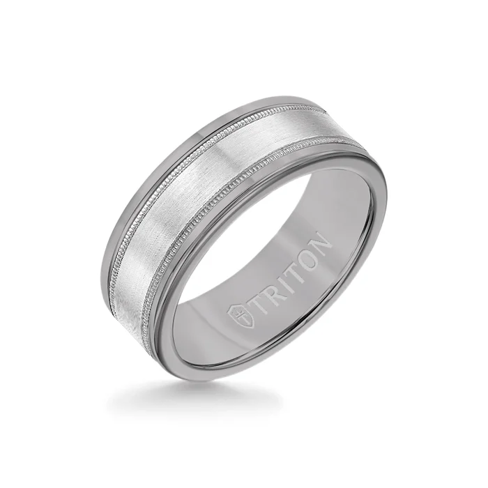 simple wedding bands for women -8MM Grey Tungsten Carbide Ring - Flat Milgrain 14K White Gold Insert with Round Edge