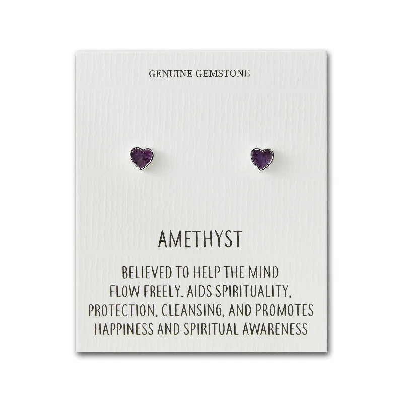 silver earrings for women -Amethyst Heart Stud Earrings with Quote Card