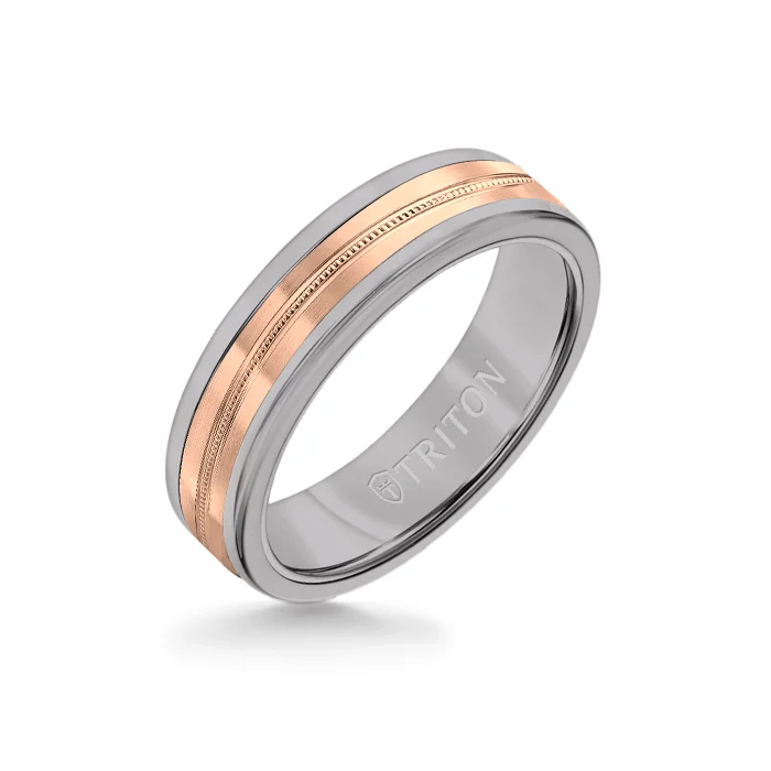 wedding ring sets for women -6MM Grey Tungsten Carbide Ring - Center Milgrain 14K Rose Gold Insert with Round Edge