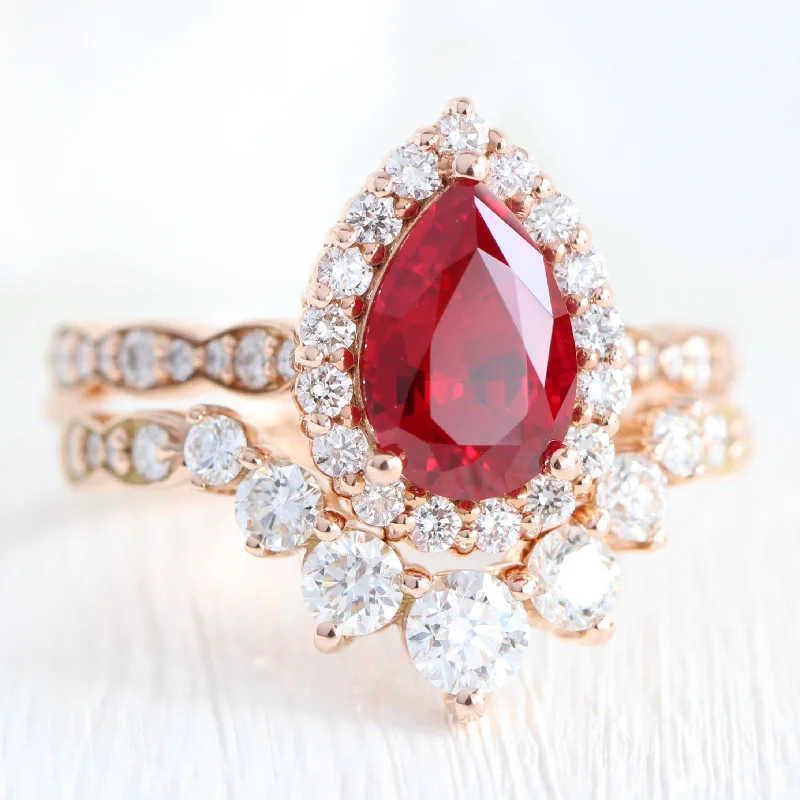 unique rings for women -Luna Halo Pear Ring Bridal Set w/ Ruby and Large 7 Diamond U Scalloped Band