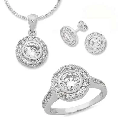 chic earrings for women -Sterling Silver Ring, Earring and Necklace Set