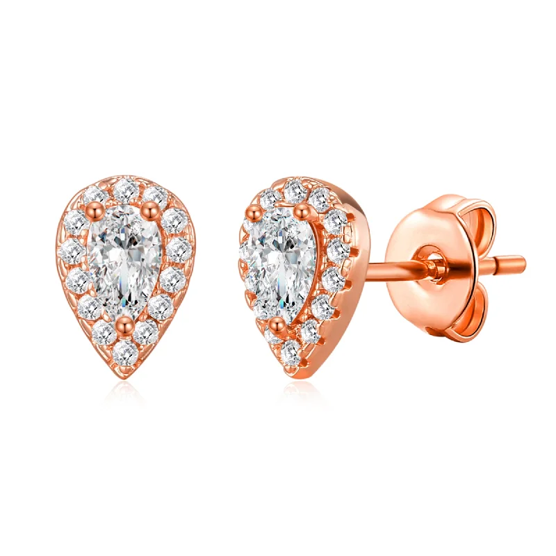 multi-strand earrings for women -Rose Gold Plated Pear Halo Earrings Created with Zircondia® Crystals