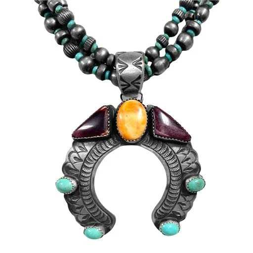 luxurious necklaces for women -Genuine Spiny Oyster and Turquoise Naja with Navajo Pearls, Authentic Native American USA Handmade in New Mexico, Sterling Silver, 25 inch Necklace