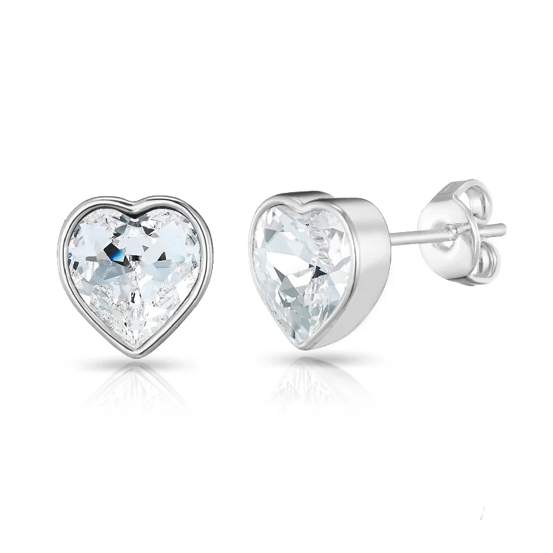 silver stud earrings for women -Silver Plated Bezel set Heart Earrings Created with Zircondia® Crystals