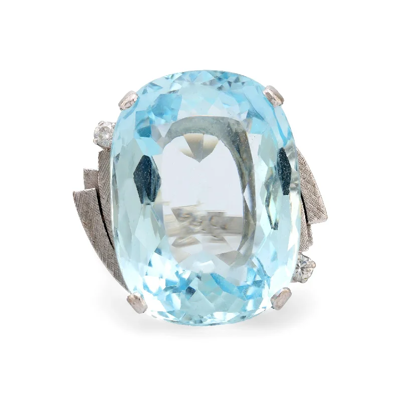 unique gold rings for women -Mid Century 27 carat aquamarine diamond 18k white gold cocktail ring