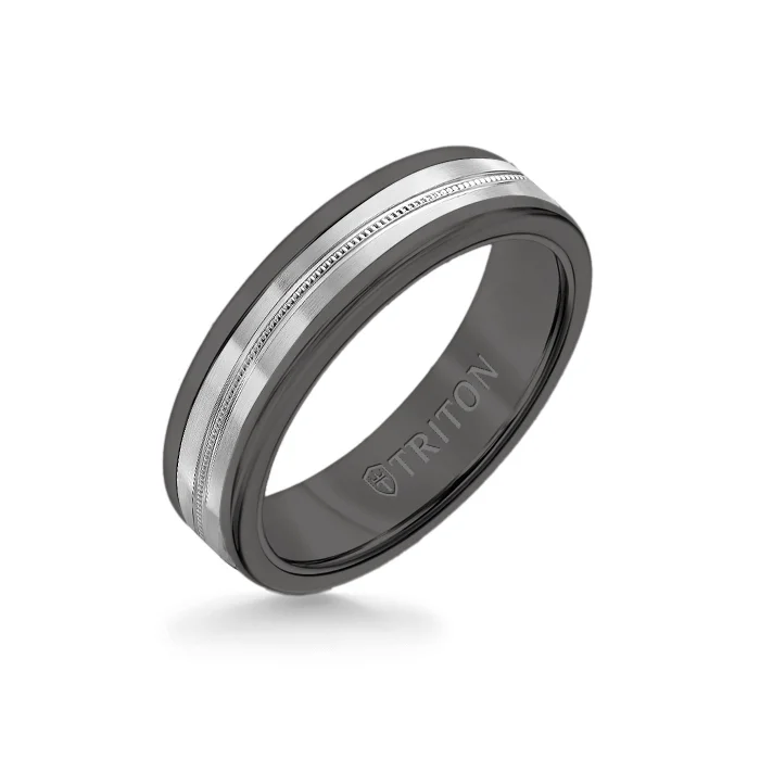 custom engagement rings -6MM Black Tungsten Carbide Ring - Center Milgrain 14K White Gold Insert with Round Edge