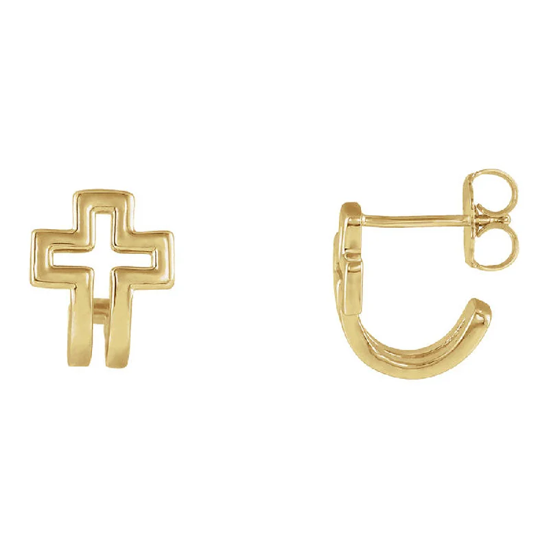 elegant earrings for women -9x11mm (3/8 x 7/16 Inch) 14k Yellow Gold Voided Cross J-Hoop Earrings