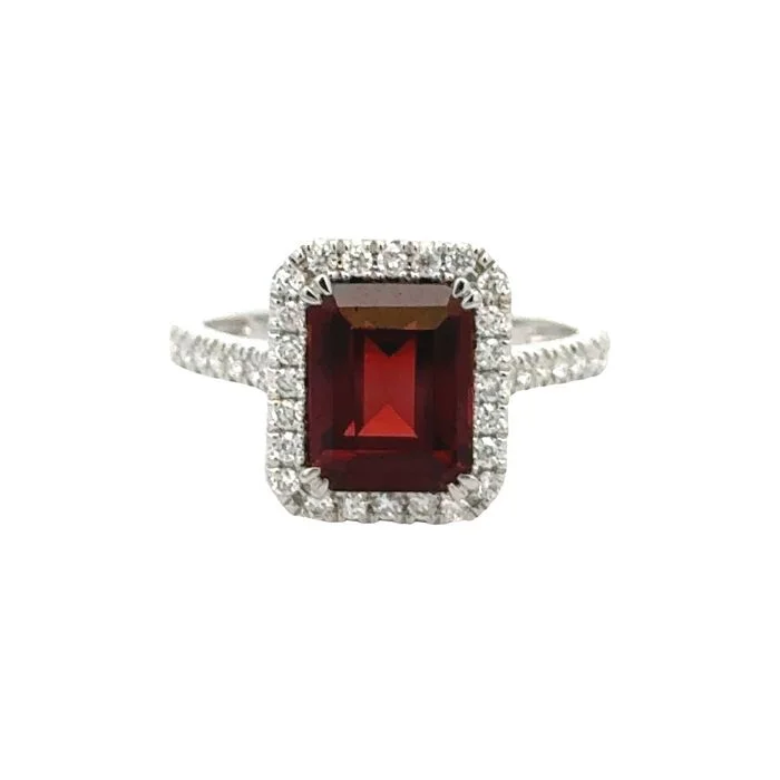 classic diamond rings -Mountz Collection Garnet Ring with Diamond Halo in 14K White Gold