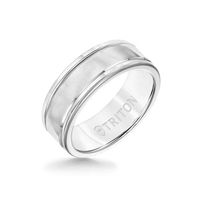 luxury wedding rings for women -8MM White Tungsten Carbide Ring - Linear 14K White Gold Insert with Round Edge