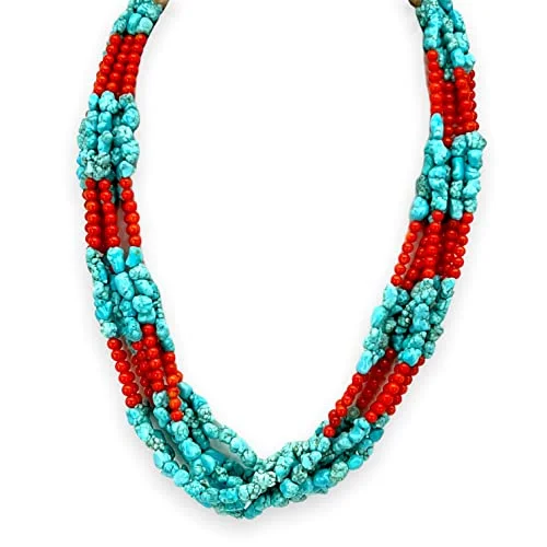 infinity pendant necklaces for women -20 inch, Genuine Kingman Turquoise and Red Coral Necklace, Sterling Silver, Navajo Native American Handmade in New Mexico, 7 Strand