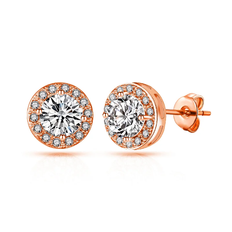 flower earrings for women -Rose Gold Plated Halo Earrings Created with Zircondia® Crystals