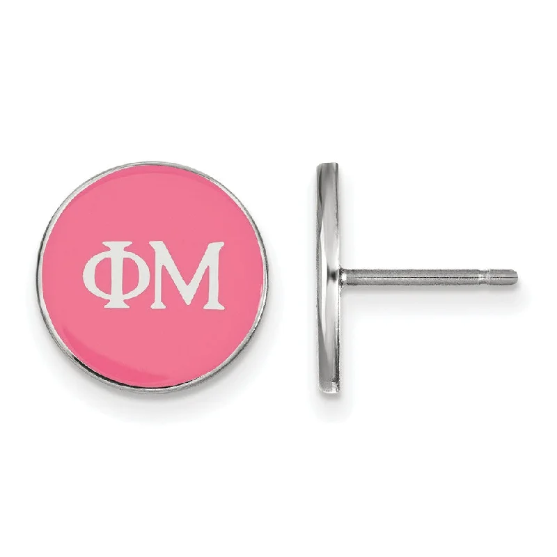 evening earrings for women -Sterling Silver Phi Mu Pink Enamel Disc Post Earrings