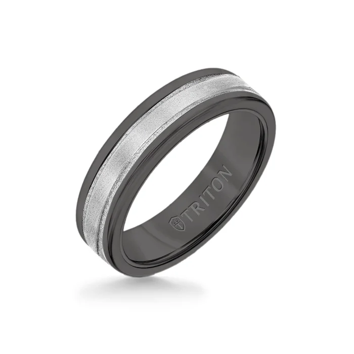 eternity bands for women -6MM Black Tungsten Carbide Ring - Step Edge 14K White Gold Insert with Round Edge