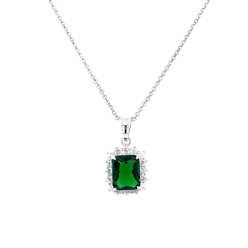 fashionable necklaces for women -Sterling Silver Emerald Cut Emerald CZ Necklace