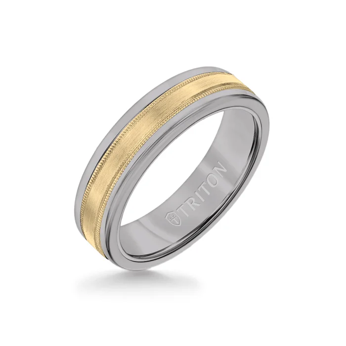 twisted rings for women -6MM Grey Tungsten Carbide Ring - Flat Milgrain 14K Yellow Gold Insert with Round Edge