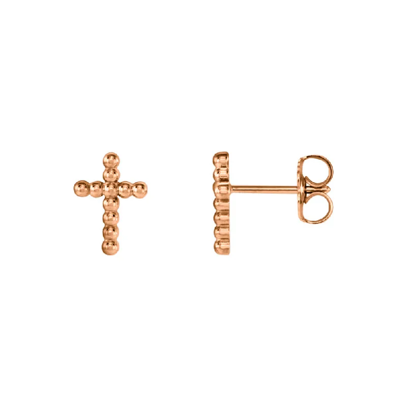 luxury gemstone earrings for women -9mm Beaded Cross Post Earrings in 14k Rose Gold