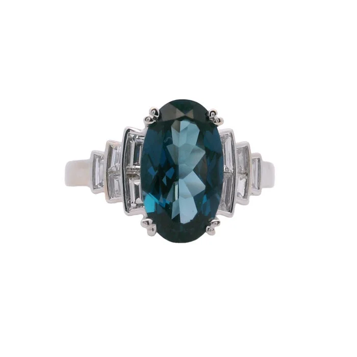 luxury rings for women -Charles Krypell Pastel Collection Ring with London Blue Topaz and Baguette Diamonds in 18K White Gold