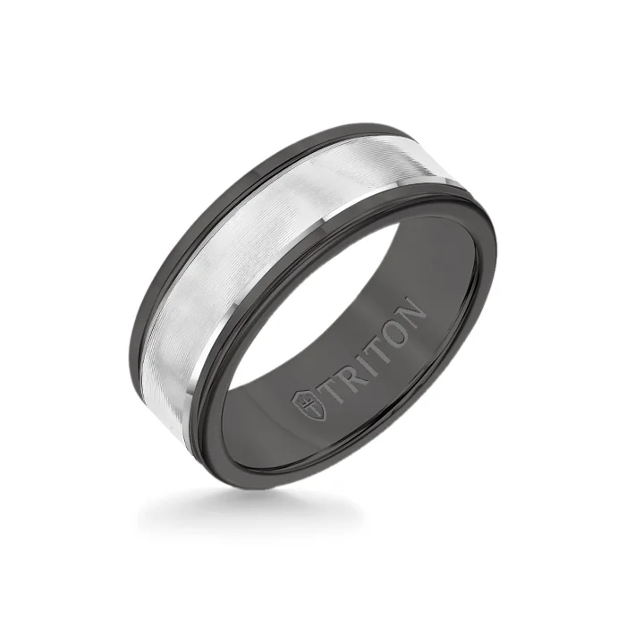 unique engagement rings -8MM Black Tungsten Carbide Ring - Linear 14K White Gold Insert with Round Edge