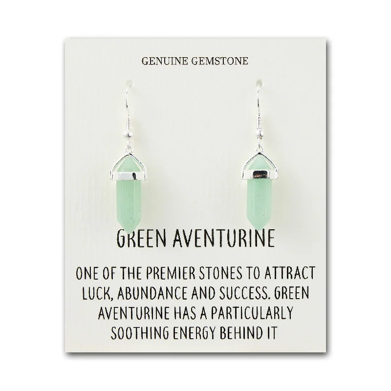 statement drop earrings for women -Green Aventurine Gemstone Drop Earrings with Quote Card