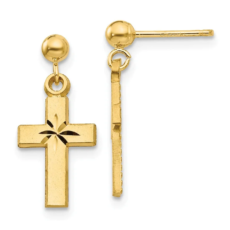 luxury gemstone earrings for women -Small Satin and Diamond Cut Cross Dangle Post Earrings in 14k Gold