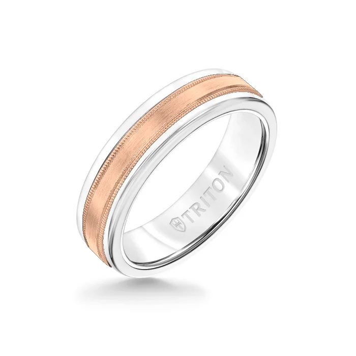 custom name rings -6MM White Tungsten Carbide Ring - Flat Milgrain 14K Rose Gold Insert with Round Edge