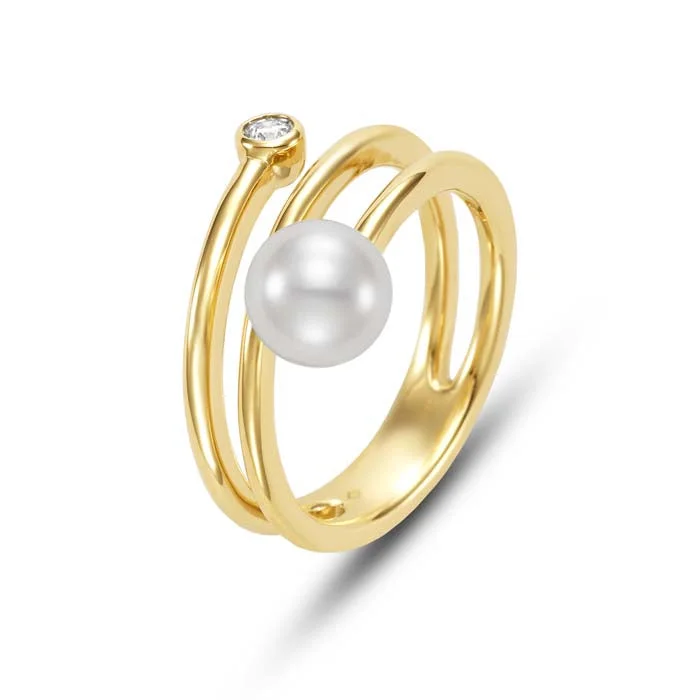 custom gold rings -Mastoloni 7-7.5mm Freshwater Cultured Pearl 3X Spiral Bypass Ring with Bezel Set Diamond in 18K Yellow Gold