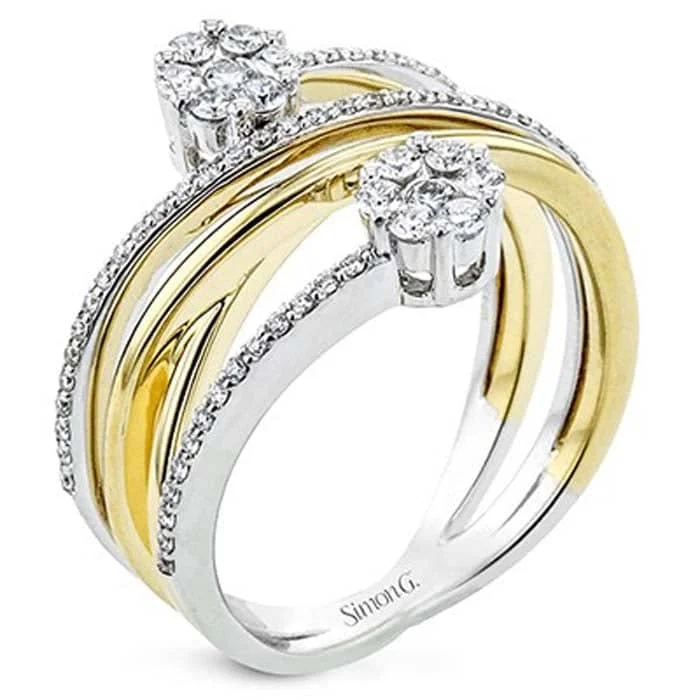 luxury rings for brides -Simon G. Two-Cluster Criss-Cross Ring in 18K Gold