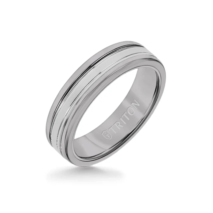 modern promise rings -6MM Grey Tungsten Carbide Ring - Double Engraved 14K White Gold Insert with Round Edge