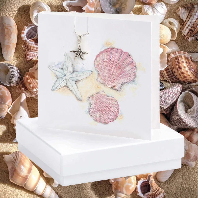 custom engraved necklaces for women -Sterling Silver Starfish Pendant Necklace - Hand-Finished Gift Set with Greeting Card Gift Box and Sea Shells