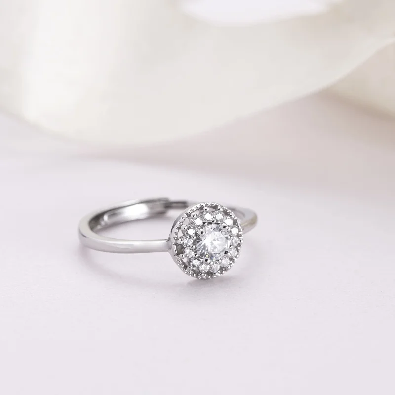 platinum rings for women -Solitaire CZ Studded 925 Sterling Silver Ring (Adjustable)