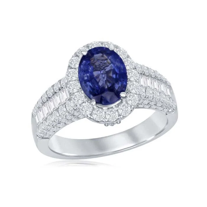 vintage wedding rings -Mountz Collection Oval Sapphire and Diamond Halo Ring with Baguettes in 14K White Gold