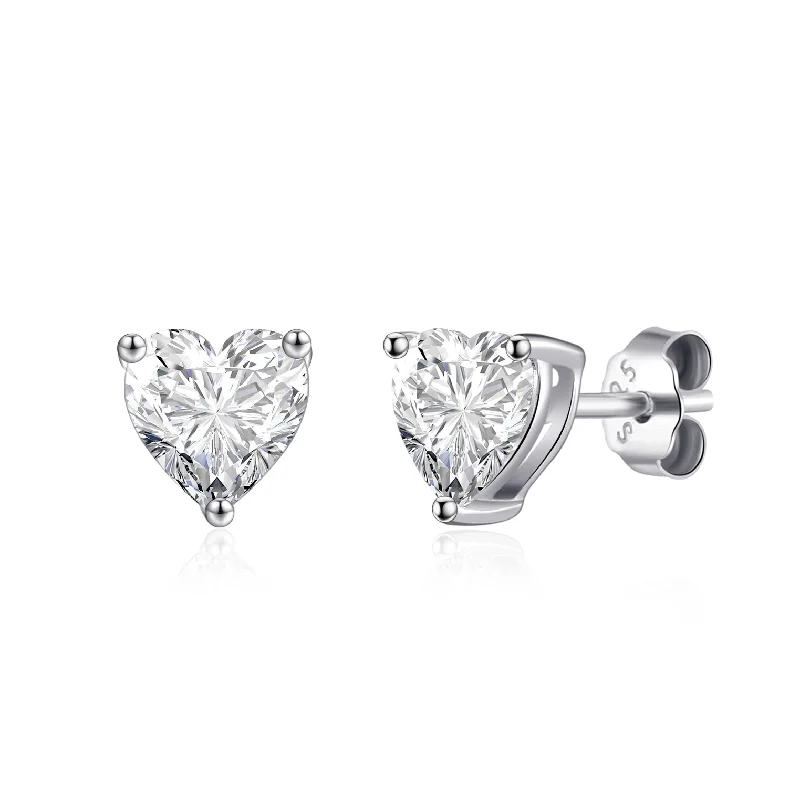 fashion earrings for women -Sterling Silver Heart Stud Earrings Created with Zircondia® Crystals