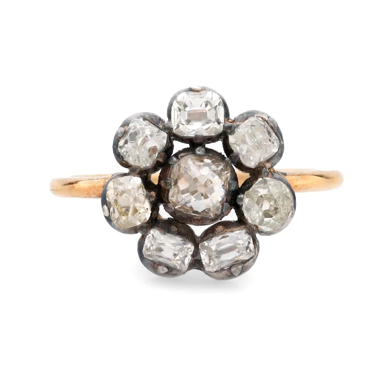 white gold rings for women -Georgian 2 carat total weight diamond 18k yellow gold silver cluster ring