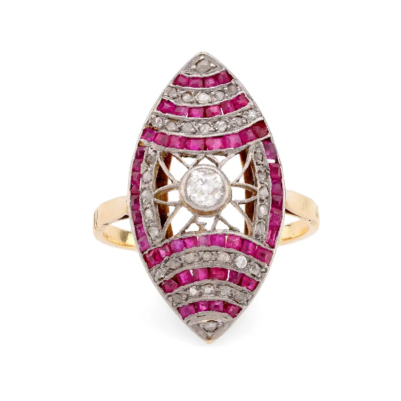 stackable rings for women -Edwardian diamond ruby 18k yellow gold navette ring