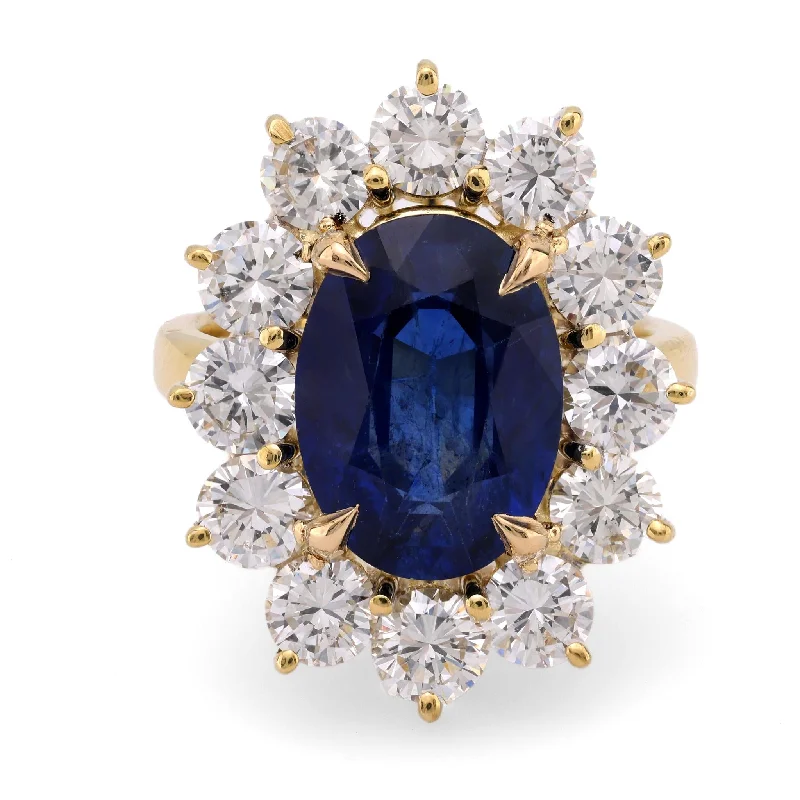 wedding ring bands -GIA 4.84 carat oval cut sapphire diamond 14k yellow gold cluster ring