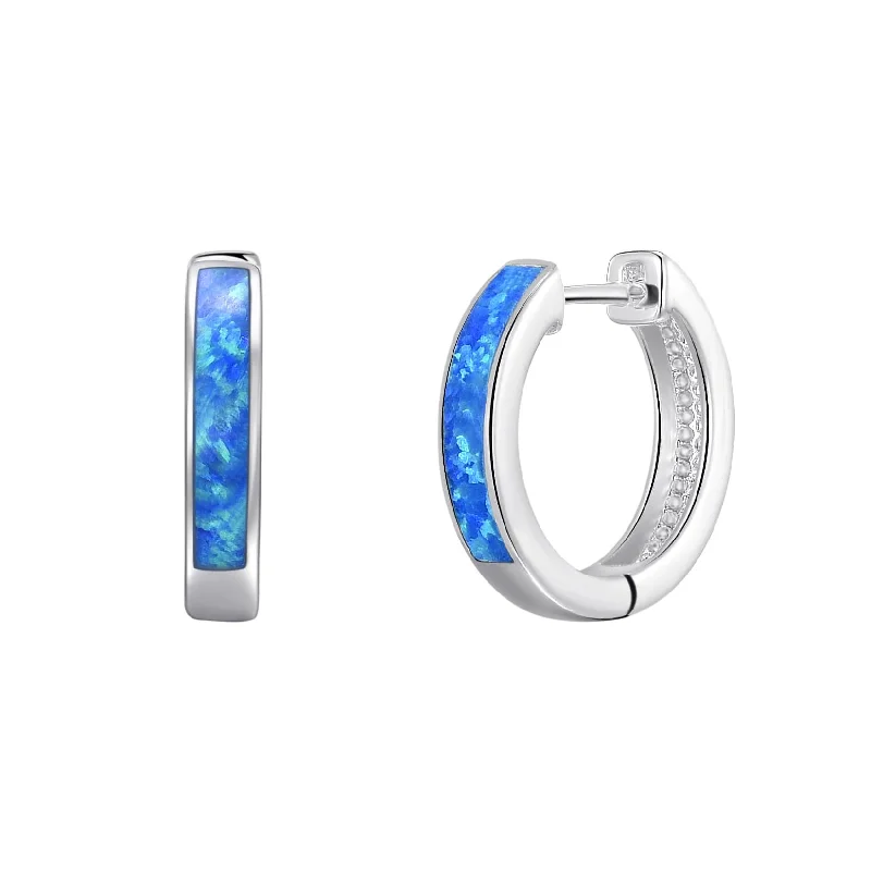 elegant earrings for women -Blue Synthetic Opal Hoop Earrings