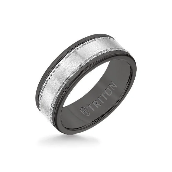 classic wedding rings -8MM Black Tungsten Carbide Ring - Flat Milgrain 14K White Gold Insert with Round Edge