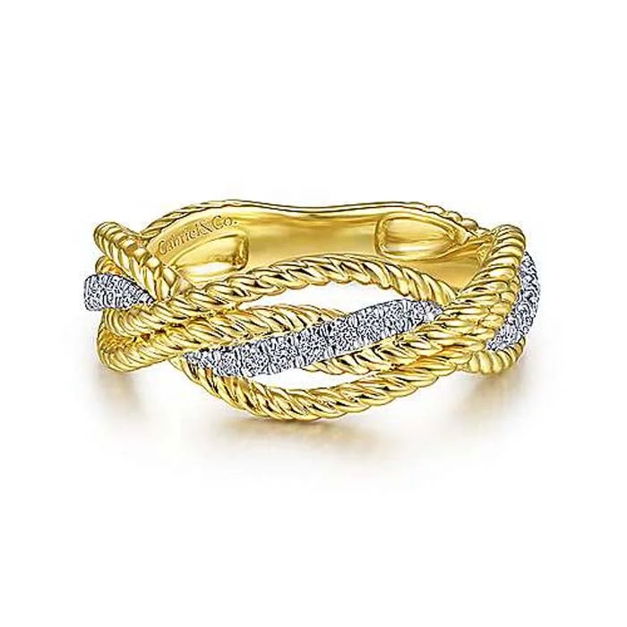 custom rings for women -Gabriel & Co. Twisted Rope and Diamond Intersecting Ring in 14K Yellow and White Gold