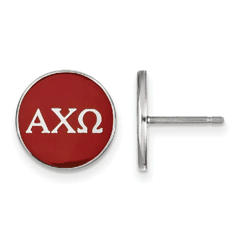 luxury earrings for women -Sterling Silver Alpha Chi Omega Red Enamel Disc Post Earrings