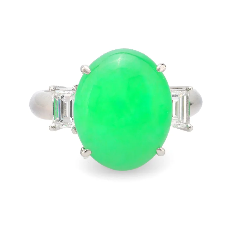 vintage gold rings -Vintage 7.13 carat cabochon jade diamond platinum cocktail ring