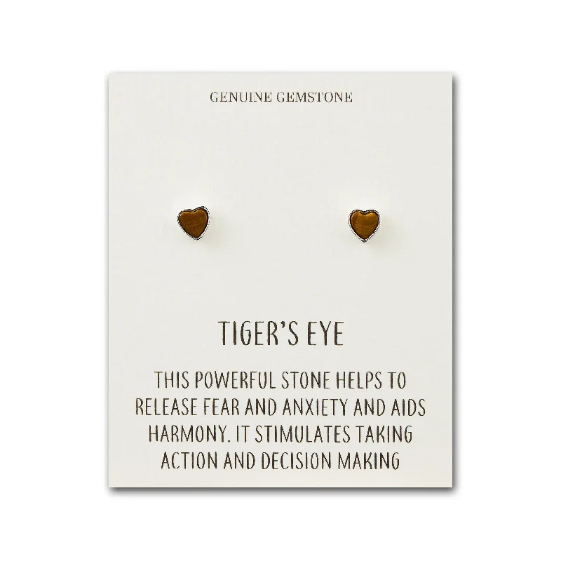 fashion earrings for women -Tiger's Eye Heart Stud Earrings with Quote Card